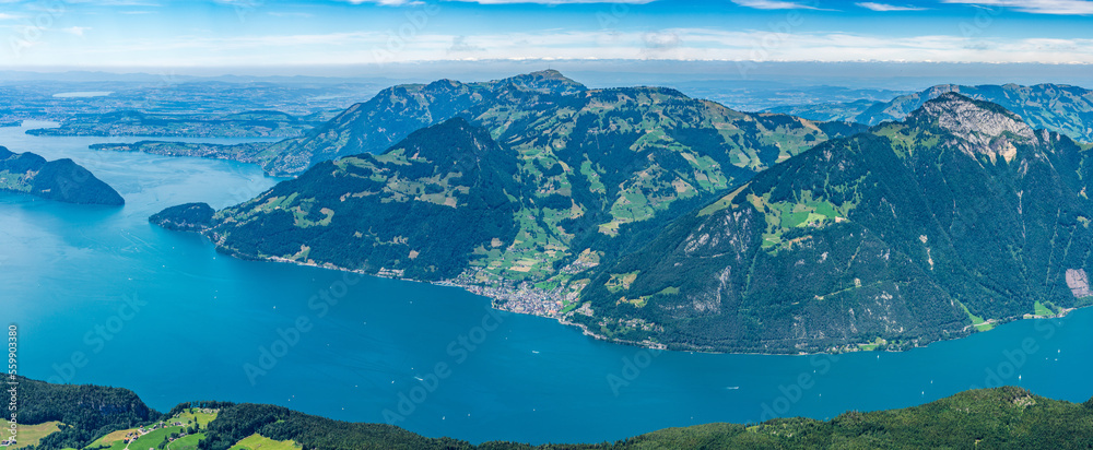 Switzerland 2022, Beautiful view of the Alps from Niederbauen. Panorama of Rigi and Gersau.