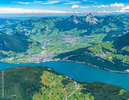 Switzerland 2022  Beautiful view of the Alps from Niederbauen. Morschach and Fronalpstock.