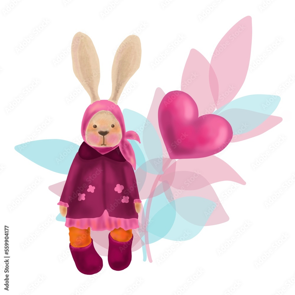 Obraz premium easter bunny girl. hare girl in a pink dress. Pink heart. against the background of leaves