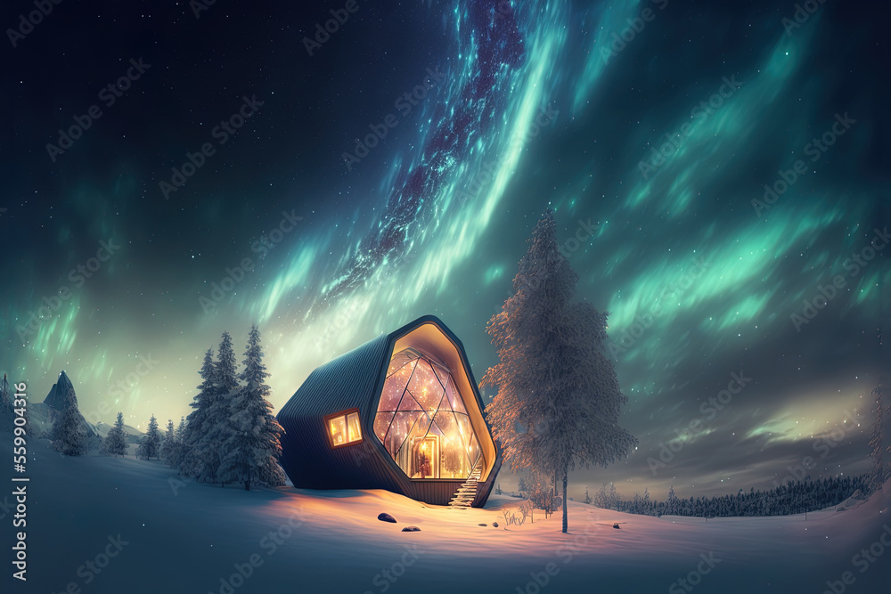 Naklejka premium Northern lights at the edge of the north. A small house in the forest with a view of the bright northern lights. Winter night forest landscape, neon light, sunset, glow. AI