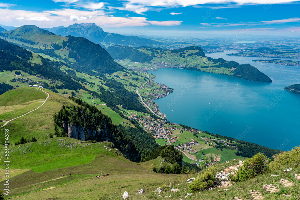 Switzerland 2022, Beautiful view of the Alps from Niederbauen. Beckenried and lake Luzern.