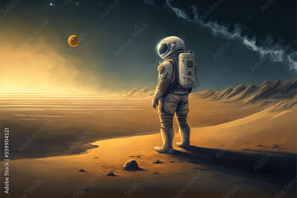Astronaut on the beach with a view of the planets