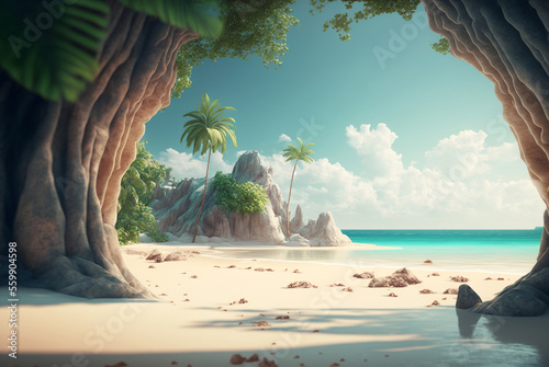 Paradise beach with palm trees and sea, Generative ai.