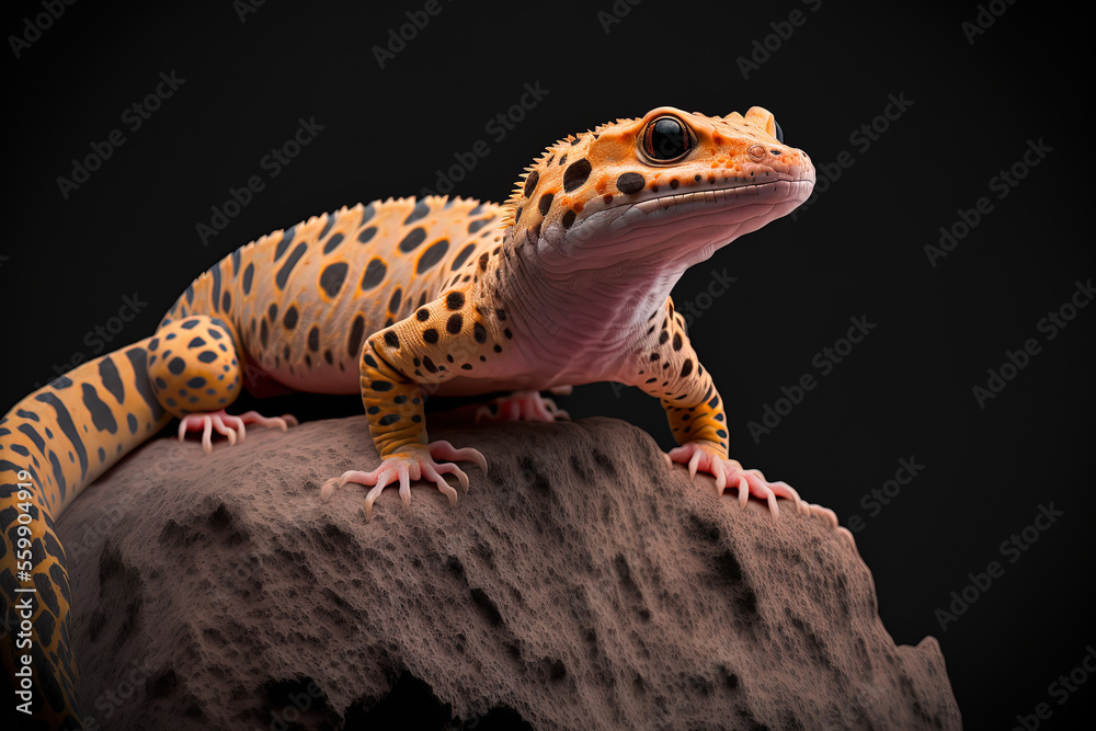 close up of a leopard gecko on a coral stone front view of a leopard gecko close up of a leopard gecko against a dark backdrop. Generative AI