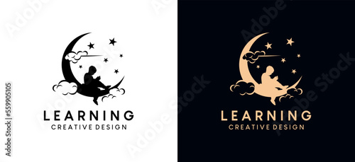 Children reading book over moon for education logo design