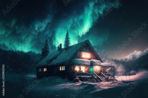 Northern lights at the edge of the north. A small house in the forest with a view of the bright northern lights. Winter night forest landscape  neon light  sunset  glow. AI
