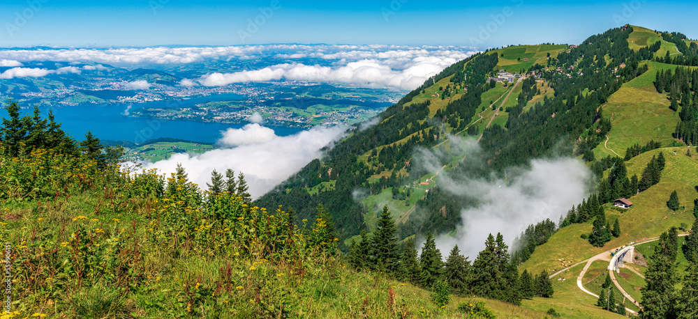 Obraz premium Switzerland 2022, Beautiful view of the Alps from Rigi Kulm. Kaltbad.