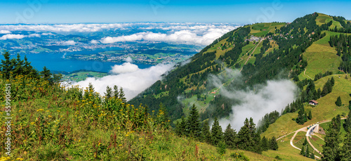 Switzerland 2022, Beautiful view of the Alps from Rigi Kulm. Kaltbad.