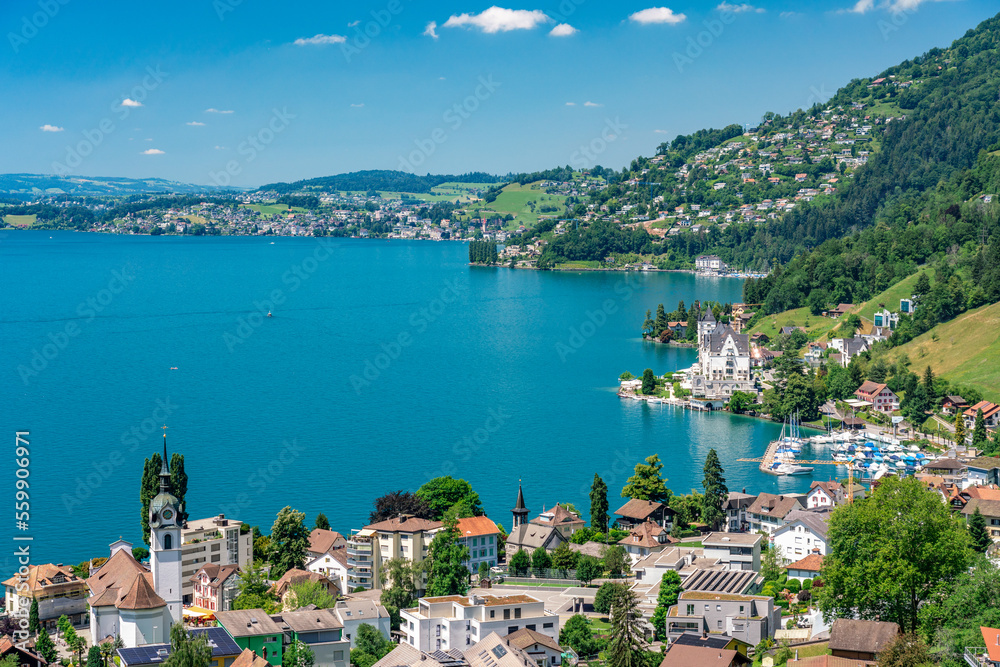 Switzerland 2022, Beautiful view of the Alps from Rigi Kulm. Lake Luzern and Vitznau.
