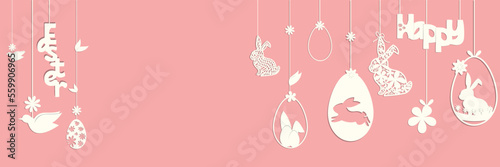  happy Easter text banner with easter eggs, rabbits bunny ears, birds and flowers on pink background vector. paper applique garland style