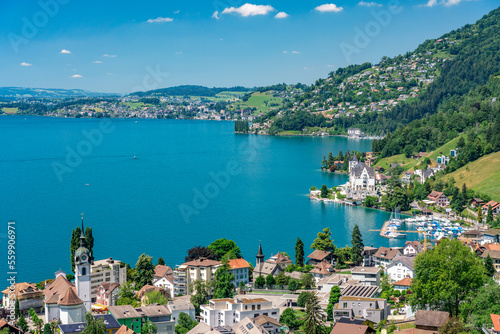 Switzerland 2022, Beautiful view of the Alps from Rigi Kulm. Lake Luzern and Vitznau.