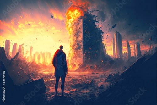 A man looks at a ruined world