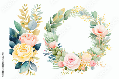 Watercolor tropical floral bouquet set . Decorative elements template. Flat cartoon illustration isolated on white background.