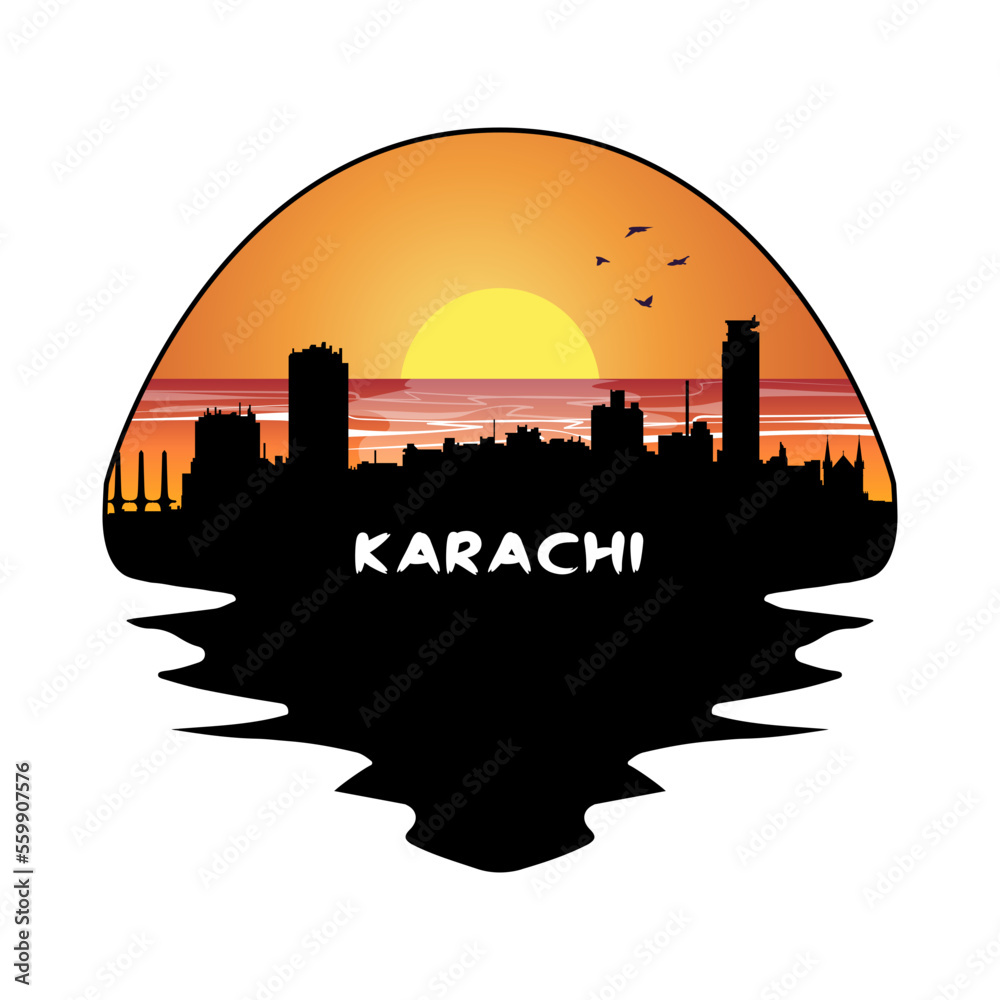 Karachi Pakistan Skyline Silhouette Retro Vintage Sunset Karachi Lover Travel Souvenir Sticker Vector Illustration SVG EPS