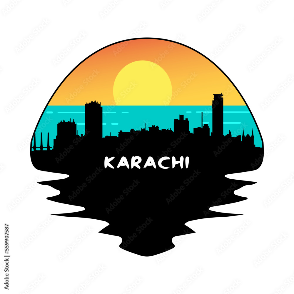 Karachi Pakistan Skyline Silhouette Retro Vintage Sunset Karachi Lover Travel Souvenir Sticker Vector Illustration SVG EPS