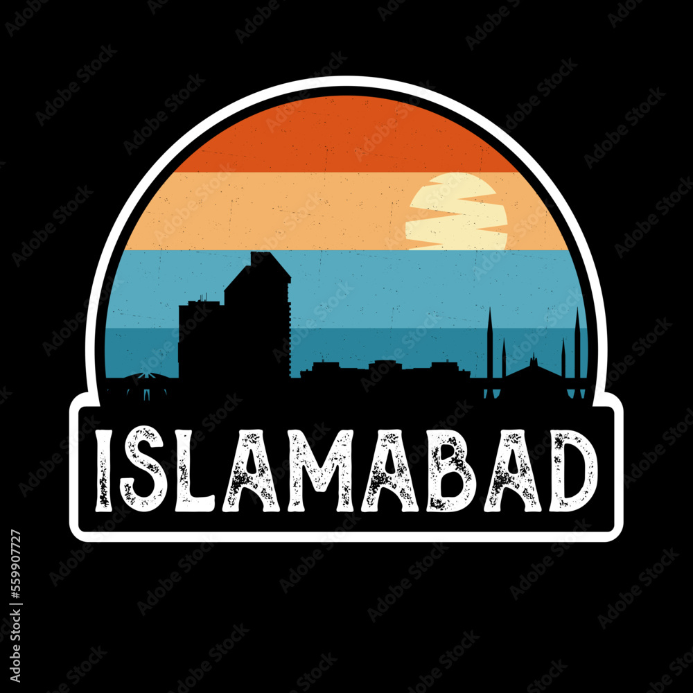Islamabad Pakistan Skyline Silhouette Retro Vintage Sunset Islamabad Lover Travel Souvenir Sticker Vector Illustration SVG EPS