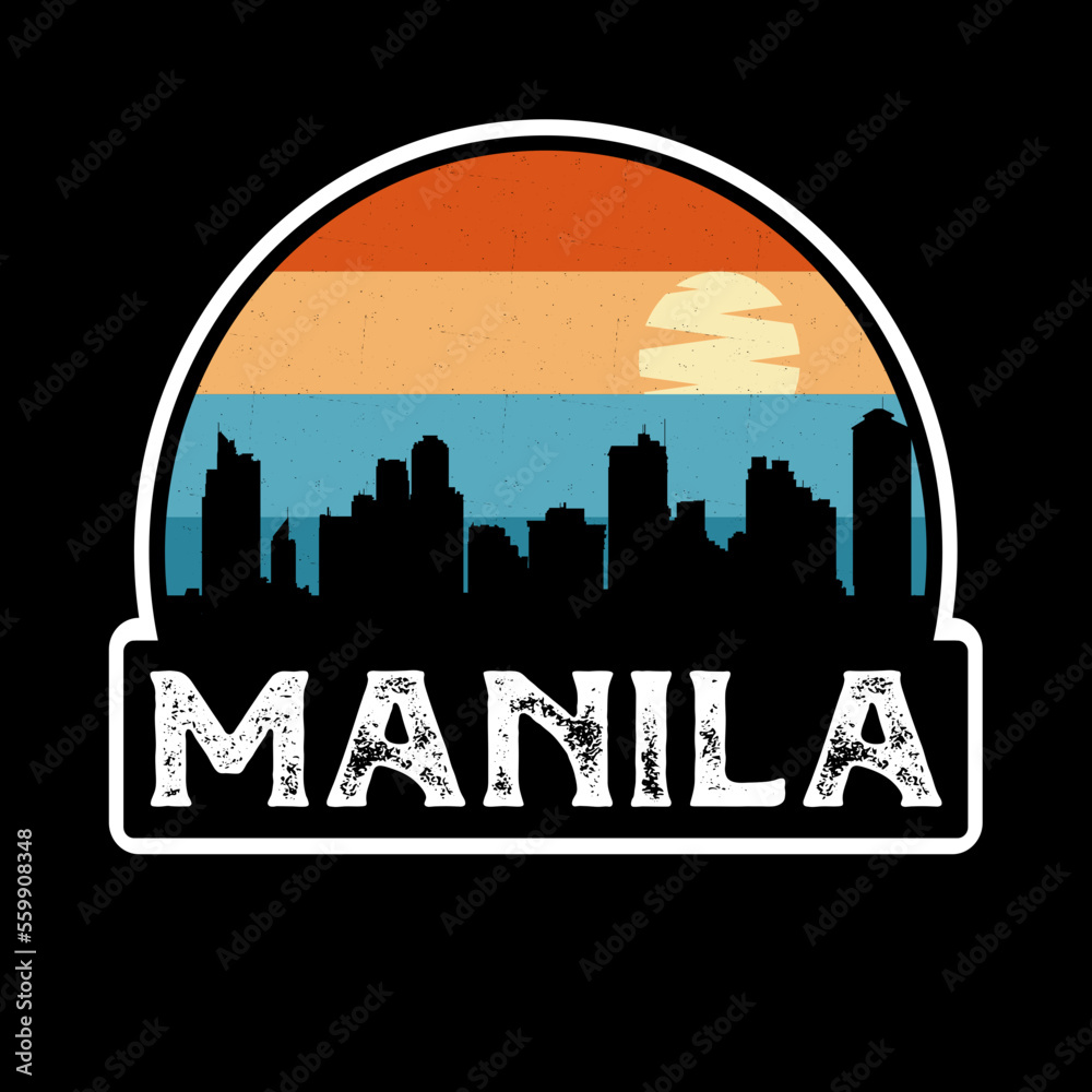 Manila Philippines Skyline Silhouette Retro Vintage Sunset Manila Lover Travel Souvenir Sticker Vector Illustration SVG EPS