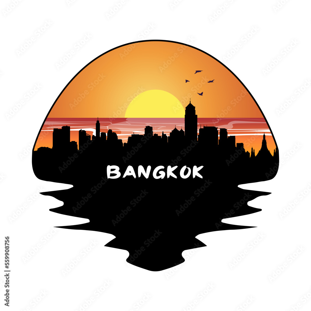 Bangkok Thailand Skyline Silhouette Retro Vintage Sunset Bangkok Lover Travel Souvenir Sticker Vector Illustration SVG EPS