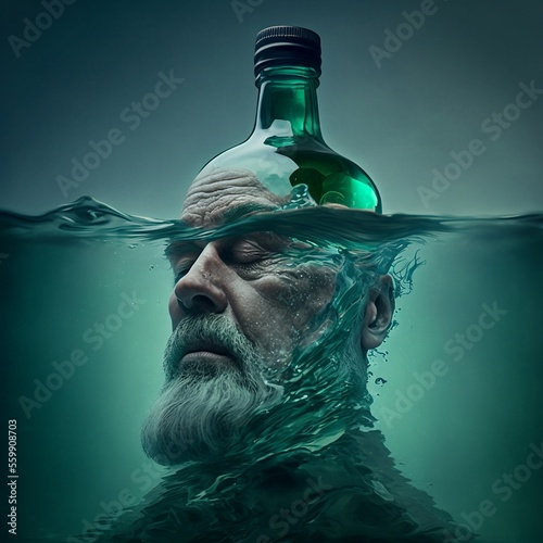 The Man Who Drowned in an Alcohol Bottle - Illustration Generated by Artificial Intelligence