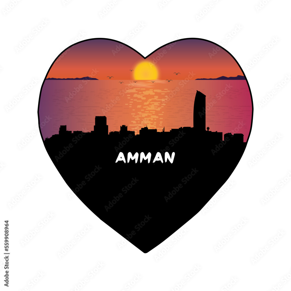 Amman Jordan Skyline Silhouette Retro Vintage Sunset Amman Lover Travel Souvenir Sticker Vector Illustration SVG EPS