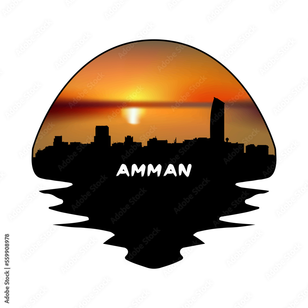 Amman Jordan Skyline Silhouette Retro Vintage Sunset Amman Lover Travel Souvenir Sticker Vector Illustration SVG EPS