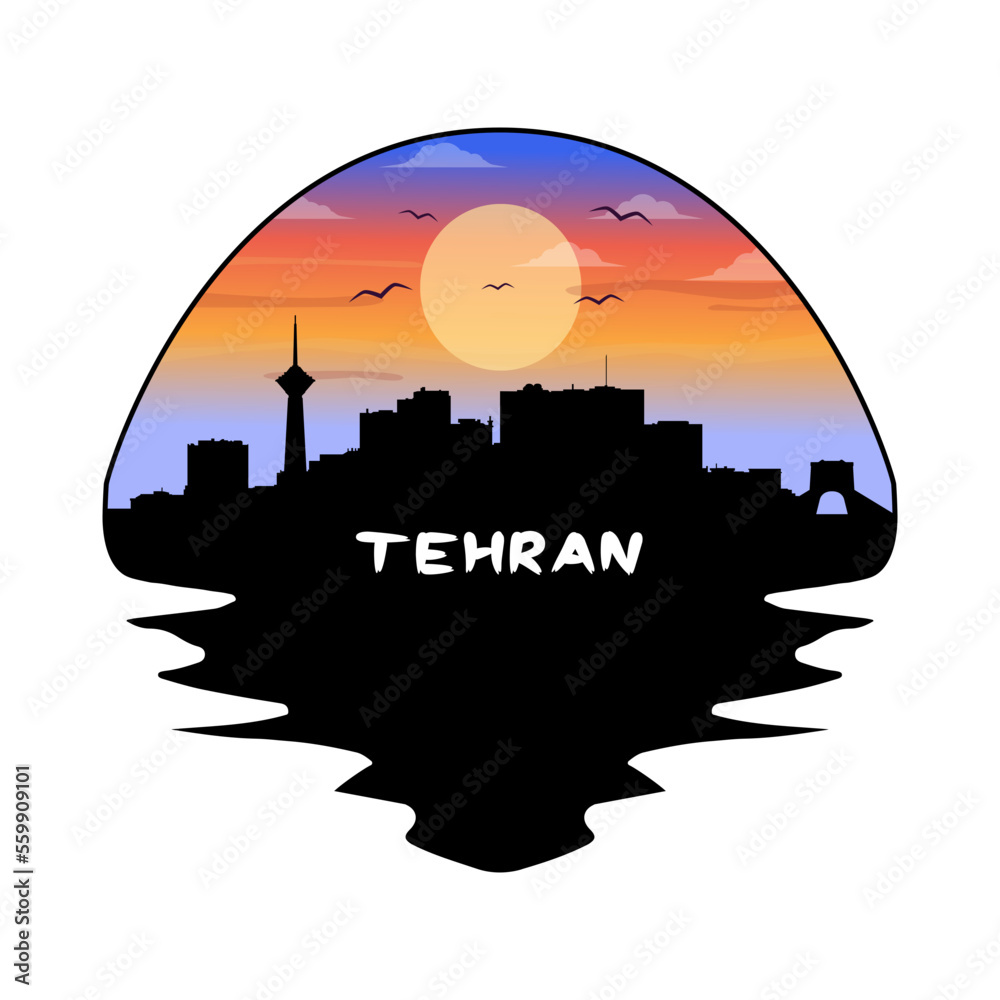 Tehran Iran Skyline Silhouette Retro Vintage Sunset Tehran Lover Travel Souvenir Sticker Vector Illustration SVG EPS