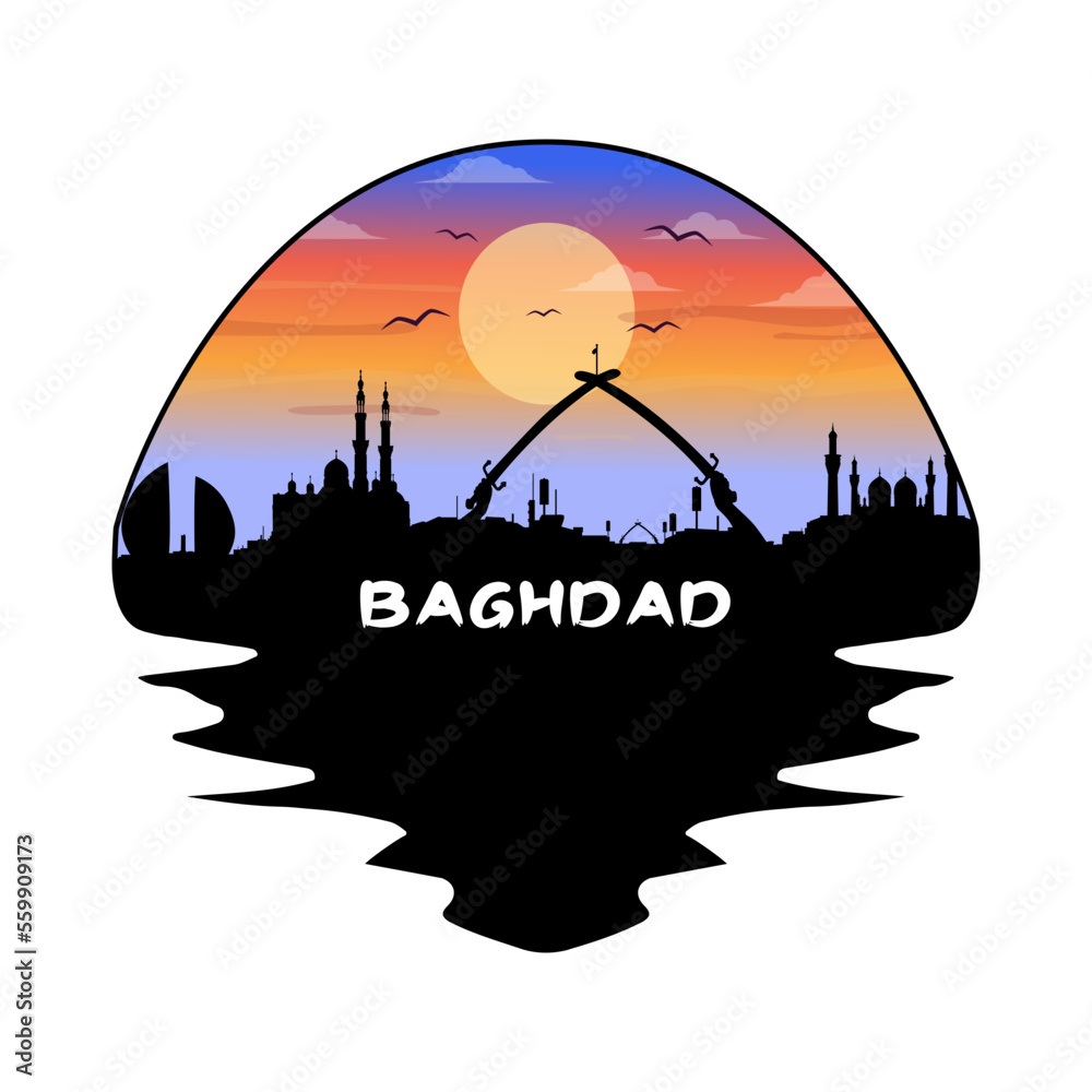 Baghdad Iraq Skyline Silhouette Retro Vintage Sunset Baghdad Lover Travel Souvenir Sticker Vector Illustration SVG EPS