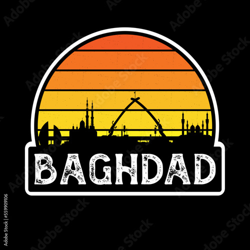 Baghdad Iraq Skyline Silhouette Retro Vintage Sunset Baghdad Lover Travel Souvenir Sticker Vector Illustration SVG EPS