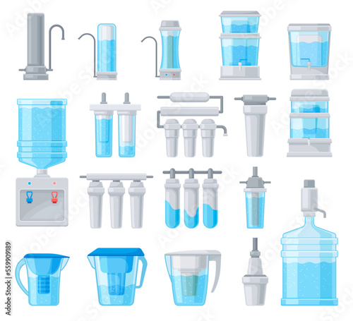 Different types of water filters set. Mineral filtration or purification systems vector illustration