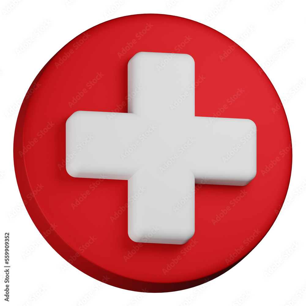 Red circle button with health care emergency aid 3d icon plus white Red circle button with health care emergency aid 3d icon plus white