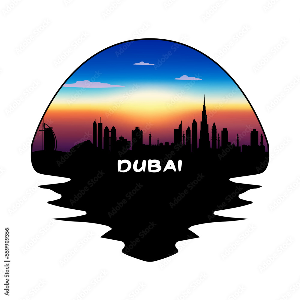 Dubai Uae Skyline Silhouette Retro Vintage Sunset Dubai Lover Travel Souvenir Sticker Vector Illustration SVG EPS