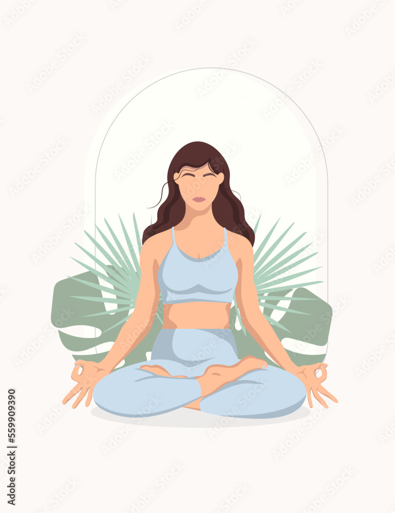 Yoga girl faceless in 
blue suit with plants