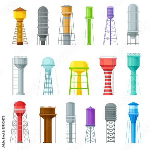 Water tower industrial constructions set. Water reservoir, tank for water storage vector illustration