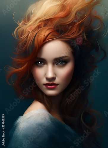 Artistic portrait of a beautiful woman with orange hair. Generative AI