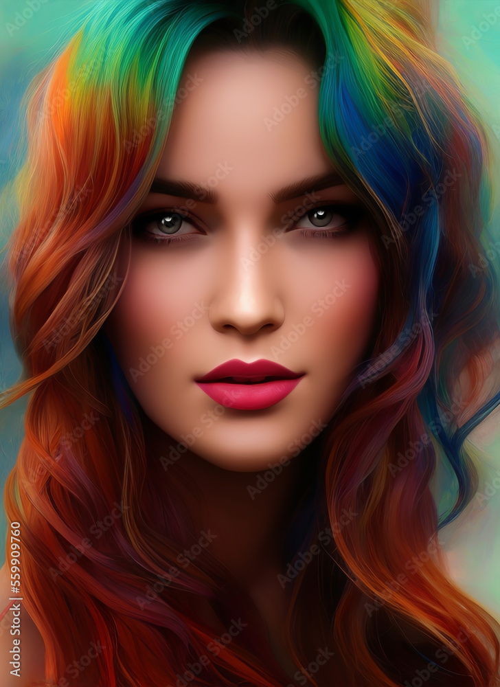 Beautiful woman with colorful hair. Generative AI