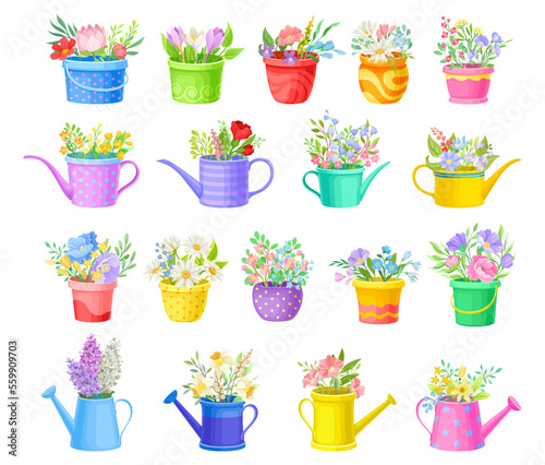 Blooming Flower Bunch in Watering Can and Pots Big Vector Set
