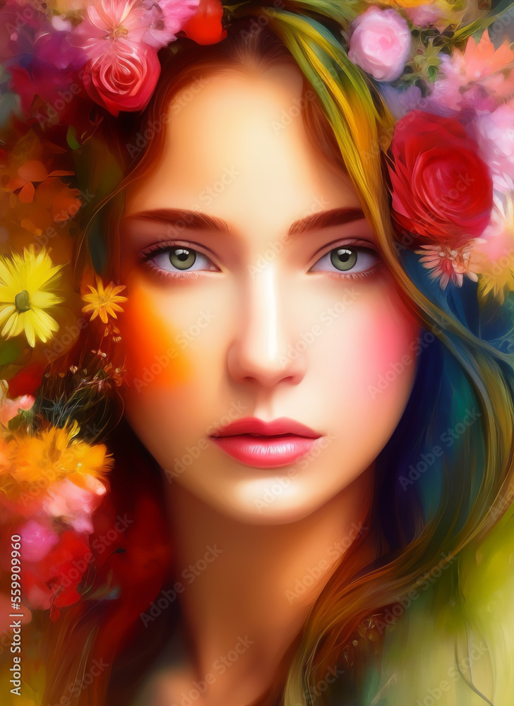 Painting of a beautiful woman's face, Portrait of a beautiful woman with flowers. Generative AI