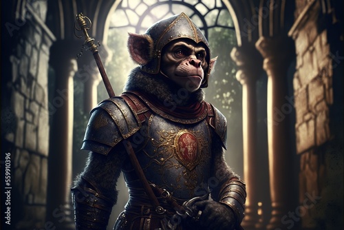 a monkey medieval warrior, sculpture, art, warrior, animal, generative AI