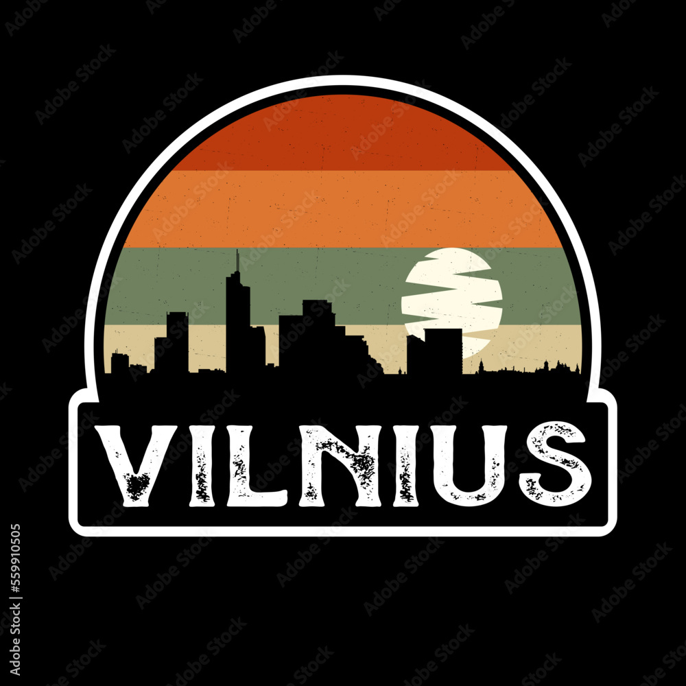 Vilnius Lithuania Skyline Silhouette Retro Vintage Sunset Vilnius Lover Travel Souvenir Sticker Vector Illustration SVG EPS