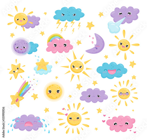 Weather cute characters set. Clouds, sun and moon with funny faces cartoon vector illustration