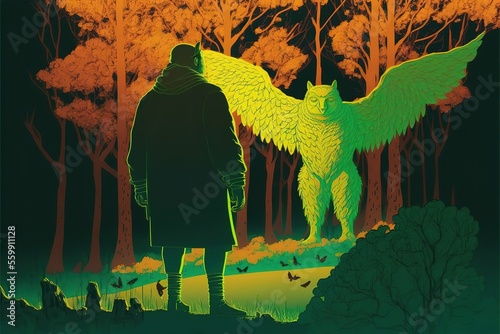 A man meets a giant mystical owl in the forest