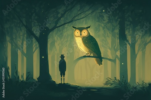 A man meets a giant mystical owl in the forest