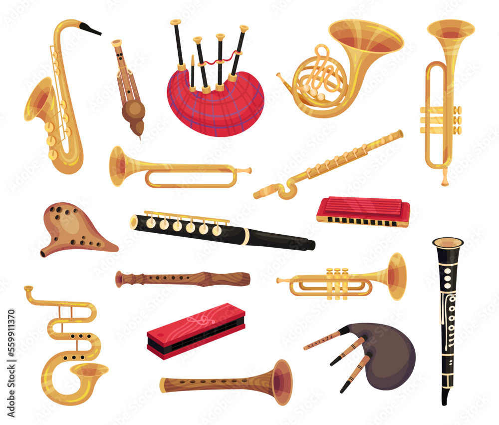 Wind musical instruments set. Bagpipes, saxophone, flute, clarinet,  harmonica, trumpet cartoon vector illustration Stock Vector | Adobe Stock