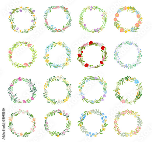 Wildflower Round Wreath with Blooming Flora Big Vector Set