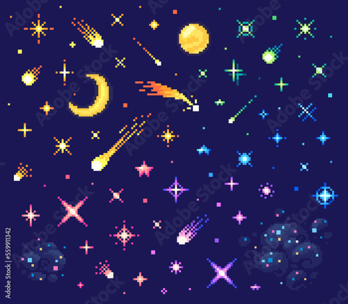 Pixel art set of stars. Starry sky with different shapes and colors of stars