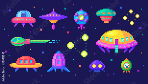 Pixel art set of UFO, alien shuttles. Pixelated cartoon elements about cosmos