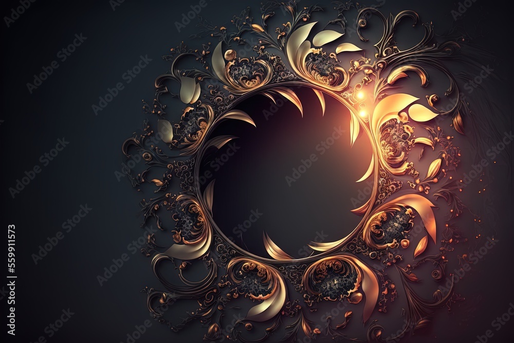 a gold and black circular frame with a floral design on it, with a
