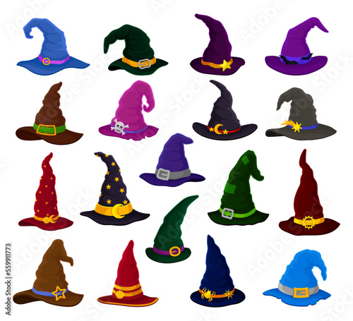 Witch, magician and wizard hats set. Halloween holiday, carnival symbols cartoon vector illustration