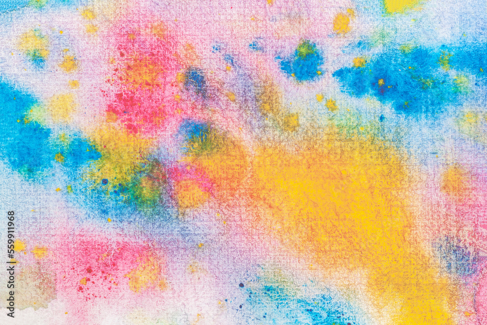 Watercolor abstract background painting with spray, spots, splashes. Hand drawn on paper grain texture