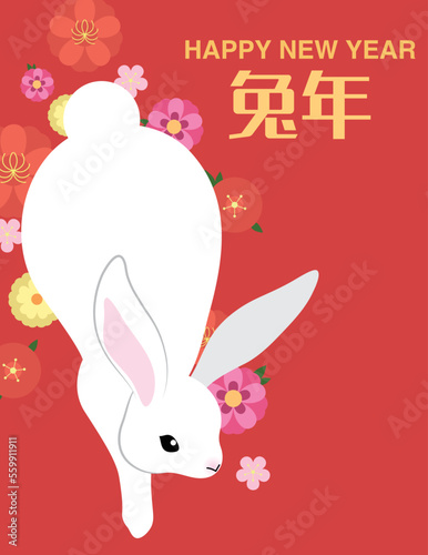 Year of the rabbit poster with blossom flowers background. Happy chinese new year 2023 poster vector illustration. Lunar new year or spring festival.
